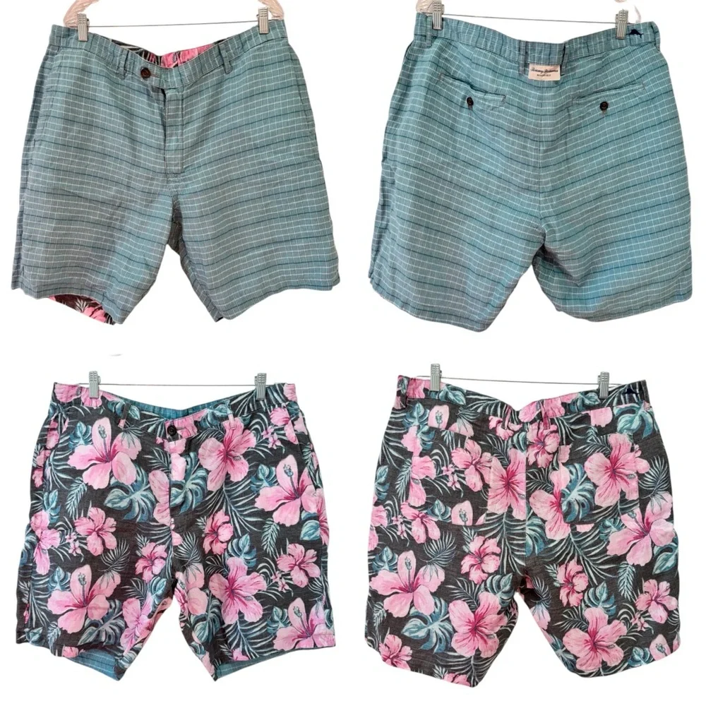 Tommy Bahama 100% Linen Reversible Shorts Blue Stipe, Pink & Green Tropical 40